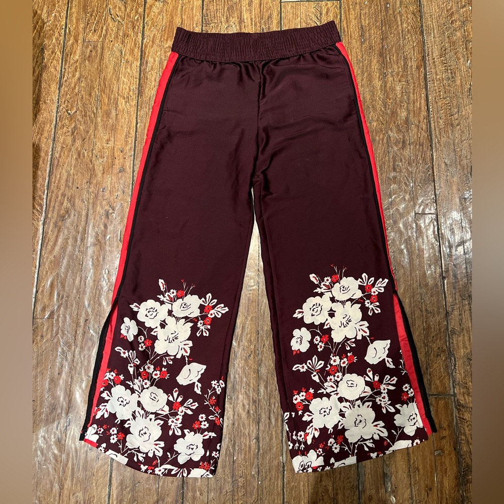 Aerie Pants Womens  Burgundy Red Floral Elastic Waist Casual Sz M 8/10
